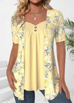 Color:Light Yellow;Size:S;Size:M;Size:L;Size:XL;Size:XXL;Package Contents:1 X T Shirt;Occasion:Other;Style:Casual; Beach Bridesmaid Dresses, Tops Trendy, Womens Trendy Tops, Pink Square, Trendy Tops For Women, Plaid Outfits, Yellow T Shirt, Women's Casual Style, Plaid Tops