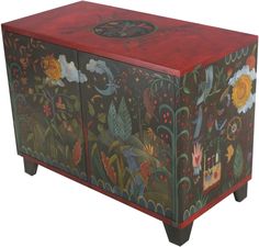 Media Buffet –  Beautiful folk art media cabinet with rolling landscapes and colorful symbols Folk Art Furniture, Art Nuevo, Hand Painted Dressers, Sticks Furniture, Contemporary Folk Art, Bohemian Furniture, Painted Chest, Hot Plates, Object Art