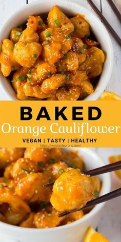 baked orange cauliflower in a white bowl with chopsticks on the side