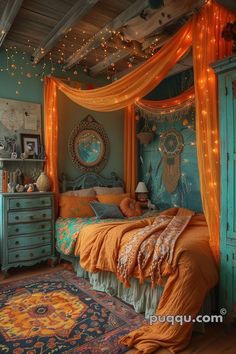 an orange and blue bedroom with lights strung from the ceiling, bed canopy, dressers and rug