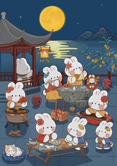 some white mice are eating food in front of a full moon and pagoda at night