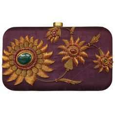 "Look your feminine best wearing this purple silk designer hard case clutch bag, hand embroidered with copper zardozi work flowers and embellished with genuine green onyx and agate gemstones. This is an eye-catching, sparkly, glittery purse, a classic design that never goes out of style. Expertly hand embroidered by third generation zardozi artisans. The word Zardozi means \"gold thread\". It is an elaborate and intricate multidimensional embroidery using metallic threads and genuine semi precio Gold Bag With Resham Embroidery For Reception, Rectangular Clutch With Resham Embroidery For Reception, Rectangular Clutch With Resham Embroidery, Formal Rectangular Bag With Resham Embroidery, Gold Clutch With Resham Embroidery For Reception, Gold Clutch With Resham Embroidery For Evening, Elegant Clutch With Resham Embroidery For Reception, Gold Clutch With Dori Work For Formal Occasions, Formal Gold Clutch With Resham Embroidery