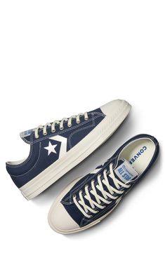 A 1970s icon gets a modern refresh in a classic low-top sneaker that's topped with sturdy canvas and layered on the sides with minimalist logo details. Lace-up style Removable OrthoLite® insole Textile upper and lining/rubber sole Imported Blue Lace-up Sneakers With Logo Patch, Converse Low-top Canvas Shoes With Embroidered Logo, Casual Low-top Skate Shoes With Embroidered Logo, Casual Canvas Sneakers With Logo, Retro Converse Low-top Canvas Shoes, Retro Low-top Converse Canvas Shoes, Retro Converse Canvas Shoes For Streetwear, Retro Converse Canvas Shoes, Vintage Converse Low-top Canvas Shoes