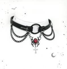 Creepycute chokers made from eco strap (width 10mm/ 0,39"). Decorated with a spider charm and black aluminium chains. Available in 2 version:  version 1. Spider with black o-ring 0.98" (25mm) version 2. Spider with chains and bloody red crystals   The lenght of chokers: 32cm/12,6" + 5cm/1,97" of chain ATTENTION! REGISTERED LETTER- estimate shipping time is about 1-2 weeks to European Union and 3-4 weeks to outside the European Union. Tracking number doesn't work outside Poland, but it is proof o Cheap Halloween Cosplay Jewelry, Cheap Edgy Choker For Halloween, Cheap Adjustable Emo Choker, Cheap Halloween Choker Gift, Cheap Halloween Choker, Spider Choker Necklace, Alternative Halloween Necklaces For Alternative Fashion, Alternative Style Necklaces For Halloween, Alternative Halloween Necklaces