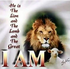 the lion and the lamb are in front of an i am sign that says, he is