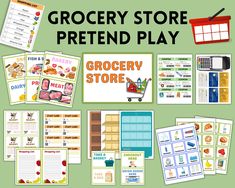 grocery store pretend play game with grocery items and text that reads grocery store pretend play