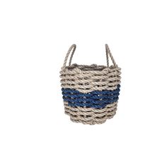 a basket with blue and white stripes on the front, hanging from a rope handle