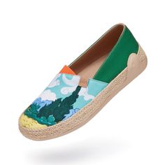 Tropical Vacay is On Mid-cut Espadrilles Design The perfect style suits all your casual vocational combos. Slip on a pair of beautiful Marbella and you'll feel like summer lasts forever. Natural & Chic Braided-jute Midsole It lends a subtle vintage vibe to your look. Wear yours with short denim or a dreamy dress! 100% Pure Cotton Canvas Upper Lightweight and breathable to keep feet dry and comfy; sustainable and friendly to the environment. Free Your Feet Super-lightweight Lightweight design wei Comfortable Summer Slip-on Loafers, Green Flat Slip-ons For Summer, Green Flat Heel Slip-ons For Spring, Summer Beach Slip-on Loafers, Green Slip-ons With Rubber Sole For Summer, Green Summer Loafers With Round Toe, Summer Loafers With Rubber Sole, Green Loafers With Round Toe For Summer, Summer Loafers With Rubber Sole And Flat Bottom