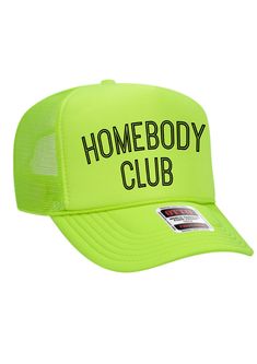 Stay cool and stylish in our Homebody Club Trucker Hat. Its 5 panel high crown hat design and mesh back provide maximum breathability. The OTTO CAP quality, you'll never have to sacrifice comfort for fashion again! Brand OTTP CAP 5 Panel High Crown Mesh Back Trucker Hat Product Description 100% Polyester Front 100% Polyester Mesh Back The Traditional Look 5-panel cap Seamless Foam Front Panel with Lining Matching Color Braid 8 Rows Stitching on Visor Matching Fabric Undervisor Matching Color Swe Homebody Club, Thread Wallets, Personalized Hats, Crown Hat, Crown Heights, Bath Candles, Hat Design, Stay Cool, Neon Green