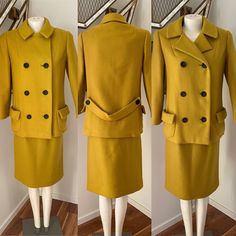 This 60s wool suit will keep you warm while looking great. The label says Tailored by Gaynes and it also has a label from Gilbert's in South Bend. The Jacket measurements are 38 in bust, 27 inches in length and 16 inches across the shoulder seam. The measurements of the skirt are 26 inches at the high waist , 36 in hips, and 24 inches in length. Classic Wool Long Sleeve Skirt Suit, Retro Notch Lapel Fall Suits, Retro Notch Lapel Suits For Fall, Fall Retro Suits With Notch Lapel, Tailored Wool Skirt Suit With Long Sleeve, Vintage Winter Suits For Office, Classic Winter Skirt Suit For Career, Vintage Winter Office Suits, Tailored Retro Long Sleeve Suit