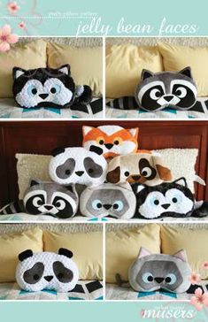 four pictures of stuffed animals sitting on top of a bed with pillows and blankets in front of them