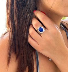 SILVER BIG BLUE RING LAPIS LAZULI 🔵 -Unique Ring -Handmade -Silver 925 -Platinum Fill -Lapis Lazuli This Big Chunky Ring is perfect gift to yourself or someone you love! 💕 * O T H E R  I N F O R M A T I O N > MATERIALS Gold 18K,14K,12K Sterling Silver 925 > RING SIZE All my rings are US standard size,in case you do now know whats your ring size you could also go to your local jewelry store to measure  your finger size to get your correct ring size. Please contact me for the ring size details before placing the order. > PACKAGING All of our products are beautifully packaged for gifts in a jewelry box. All of our engagement rings are packaged in PREMIUM jewelry boxes for free. > ADDITIONAL SERVICE Engraving Service All sizes Costum order > Custom Order We make custom rings in any style and Handmade Blue Jewelry For Everyday Wear, Handmade Blue Jewelry For Everyday, Blue Enamel Gemstone Ring, Blue Gemstone Open Ring, Everyday Sapphire Ring Jewelry, Modern Blue Oval Signet Ring, Minimalist Blue Crystal Open Ring, Unique Blue Crystal Round Ring, Blue Gemstone Dome Ring As Gift