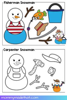 an image of snowman and penguin coloring pages for children to color or cut out