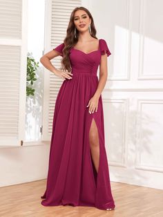 #color_Fuchsia Pink Chiffon Bridesmaid Dress For Prom Season, Pleated Bodice Chiffon Bridesmaid Dress For Prom Season, Chiffon Bridesmaid Dress With Pleated Bodice For Prom Season, Pleated Chiffon Bridesmaid Dress For Prom Season, Flowy Chiffon Bridesmaid Dress With Pleated Bodice, Purple Fitted Chiffon Bridesmaid Dress, Bridesmaid Dress With Sweetheart Neckline For Banquet, Pink Bridesmaid Dress With Pleated Bodice, Chiffon Bridesmaid Dress With Ruched Bodice For Prom