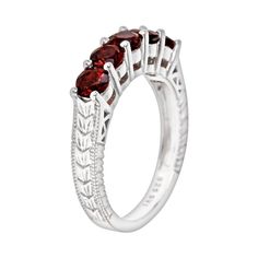 Add timeless charm to any outfit with this spectacular garnet ring. Click on this JEWELRY & WATCHES GUIDE to learn about fit, styles, materials and more!Ring Details: Width: .16-in. Metal: rhodium-plated sterling silver Features: chevron-textured band & milgrain details Gemstone Details: Gemstone type: genuine garnet Cut: round Setting: prong  Size: 10. Gender: female. Age Group: adult. Classic Birthstone Gemstones For Anniversary, Classic Ruby Jewelry With Accent Stones, Timeless Garnet Jewelry For Anniversary, Timeless Ruby Ring With Accent Stones For Anniversary, Classic Garnet Jewelry For Anniversary, Heirloom Garnet Jewelry For Anniversary, Classic Garnet Birthstone Ring For Anniversary, Classic Round Garnet Ring, Classic Garnet Rings With Round Cut