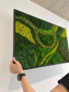 a person holding up a large television screen with green plants on it