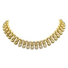 Stylish 18 karat Gold choker necklace set with 2.6 carats of high quality pave set round brilliant cut diamonds ( F-G color, VVS-VS clarity). It is fully articulated and sits perfectly on the neck, the make is excellent. Length 38 cm Weight 95.2 grams Gold Choker Necklace Set, Gold And Diamond Necklace, Gold Link Necklace, Diamond Choker Necklace, Diamond Choker, Choker Necklace Set, Blue Sapphire Diamond, Enamel Necklaces, Gold Diamond Necklace