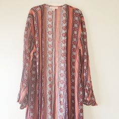 Nwot Band Of Gypsies Open Front Boho Kimono Aztec Robe. Earthy Red / Brown Tone With Dark Blue. Size Small. Good Condition. Fabric 100% Viscose Length 44" Summer Long Sleeve Outerwear With Boho Print, Summer Boho Print Long Sleeve Outerwear, Summer Long Sleeve Boho Print Outerwear, Fall Beach Outerwear With Boho Print, Boho Print Outerwear For Spring Beach, Fall Boho Print Kimono, Spring Beach Outerwear With Boho Print, Boho Print Outerwear For Beach In Spring, Boho Print Beach Outerwear For Fall