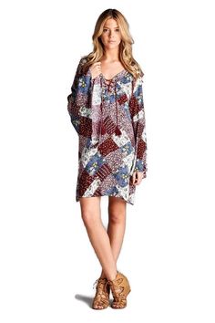 Floral Patchwork Print Dress, Red Hippie Mini Dress With Floral Print, Multicolor Bohemian Boho Dress For Fall, Festival Multicolor Floral Print Mini Dress, Bohemian Long Sleeve Floral Patchwork Dress, Bohemian Patterned Dress With Floral Patchwork, Fall Boho Hippie Dress With Boho Print, Fall Bohemian Peasant Dress, Bohemian Rayon Mini Dress For Vacation, Bohemian Peasant Dress For Fall Vacation