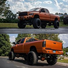 the orange truck is parked on the side of the road next to the black truck