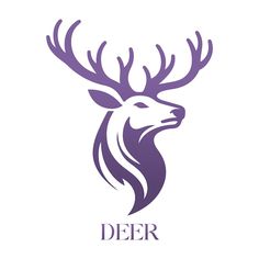 deer head with horns and the word deer written in purple ink on a white background