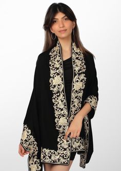 This luxurious black cashmere scarf features a stunning inner border of a floral-bird embroidery in a contrasting beige color. Elevate your style by wrapping yourself with elegance, style, and warmth in this captivating scarf finished with a tiny tonal black-colored lace edging. A perfect accessory for all occasions. Luxury Shawl With Embroidered Border, Black Cashmere Scarf, Border Embroidery, Bird Embroidery, Elegance Style, Lace Edging, Cashmere Scarf, Ivory Color, Dream Dress