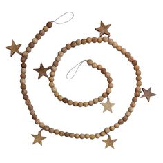 a wooden beaded necklace with stars hanging from it