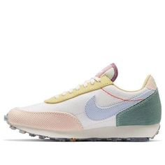 The Nike Daybreak 'Corduroy Sail' is a modern take on the classic 1979 design, inspired by professional running shoes. This version features a corduroy upper with a combination of soft sail, pink, and light blue accents, and a rubber sole for lightweight comfort and style. Perfect for running, walking, or any other activity, this sneaker is sure to turn heads. The Daybreak series is a timeless classic, and this updated version is sure to be a hit. (SNKR/Women's/Waffle Shoes) Nike Retro Running Sneakers, Retro Nike Running Sneakers, Retro Nike Running Shoes, Retro Nike Sneakers For Running, Nike Tuned 1, Nike Tuned, Nike Daybreak, Purple Heels, Shoes Sneakers Nike