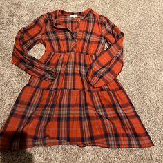 Adorable, Size Small Dress. Never Worn. Cute Long Sleeve Mini Dress For Fall, Cute Mini Dress For Fall, Cute V-neck Dresses For Fall, Red Cotton Dress For Fall, Cute Fall Mini Dress, Casual Orange Dresses For Fall, Casual Mini Dress For Holiday, Casual Long Sleeve Orange Mini Dress, Casual Plaid Holiday Dress