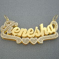 "*2 Inches Wide Personalized Solid 10K or 14K Gold Name Pendant 3D Double Plates Charm, fancy script unique font design, capitalized first letter and bottom heart design tail in white tone Rhodium hand carved diamond accent and lower cases letters finished in high-polished. *Average Name Pendant Dimension: 2 Inch (50 mm) X 3/4 Inch (19 mm) Approx. *Up to 9 Letters - Only first letter capitalized. *Thickness Top: 0.7 mm / 22 Gauge / 0.028\" Approx. *Thickness Bottom: 0.40 mm / 26 Gauges / 0.018\" Anniversary Nameplate Name Necklace With Hallmarks, Luxury Gold Nameplate Necklace, Luxury Gold Name Necklace With Custom Name, Luxury Gold Custom Name Necklace, Gold Nameplate Necklace For Anniversary, Custom Gold Nameplate Jewelry, Customizable Gold Name Necklace For Formal Occasions, Luxury Hallmarked Name Necklace For Anniversary, Gold Jewelry With Names For Formal Occasions