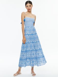 Marna Tiered Midi Tie Strap Dress In Off White/french Blue | Alice + Olivia Bohemian Maxi Dress With Smocked Bodice For Casual Wear, Bohemian Dress With Smocked Back And Tiered Skirt, Bohemian Tiered Maxi Dress With Smocked Bodice, Midi Dress With Spaghetti Straps And Smocked Back, Casual Midi Dress With Smocked Back And Spaghetti Straps, Beach Midi Dress With Ruffled Straps, Maxi Dress With Smocked Back And Spaghetti Straps, Vacation Smocked Dress With Adjustable Spaghetti Straps, Vacation Smocked Dress With Spaghetti Straps And Adjustable Straps