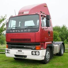 a red semi truck parked on top of a lush green field