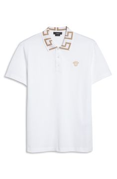 Glimmering Greek-key patterning highlights the spread collar on this slim-fitting cotton polo further refined with an embroidered Medusa head at the chest. Style Name:Versace Metallic Greca Collar Piqué Polo. Style Number: 6252215. Luxury Short Sleeve Polo Shirt With Striped Collar, Luxury Short Sleeve Polo Shirt, Luxury White Short Sleeve Polo Shirt, Designer Top With Embroidered Logo And Collared Neckline, Designer Tops With Embroidered Logo, Luxury Polo Shirt With Striped Collar, Luxury Collared Polo Shirt For Formal Occasions, Luxury Formal Polo Shirt With Collared Neckline, Designer Polo Shirt With Embroidered Logo