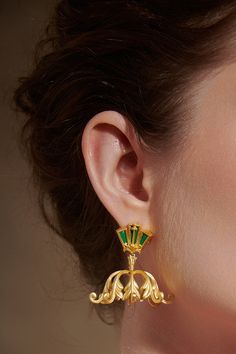 The Indian inspired jhumka earrings earrings feature intricate foliage patterns. They are handcrafted using ancient filigree and embossing techniques finished in 18K dull gold plating. The top motif is backed with traditional enamelling adding to the uniqueness and grandeur of the jhumkis. They are lightweight so you can enjoy wearing them for longer durations. They are modern yet traditional so versatile enough to style with desi or western looks. Whether you're styling them with a black satin Elegant Green Earrings For Ceremonial Occasions, Ornate Jhumkas For Pierced Ears, Elegant Ceremonial Jhumkas, Banarsi Sari, Ornate Necklace, Rococo Era, Baroque Jewelry, Western Looks, Blue Foliage