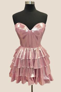 Pink Metallic Ruffle Short Homecoming Dress Party Ruffle Dress With Sweetheart Neckline, Elegant Corset Dress With Ruffled Straps For Party, Fitted Ruffle Dress With Sweetheart Neckline For Party, Strapless Ruffled Mini Dress For Gala, Strapless Mini Dress With Ruffles For Gala, Mini Strapless Dress With Ruffles For Gala, Party Dress With Ruffle Hem And Fitted Bodice, Gold Ruffled Dress For Party Season, Fitted Tiered Ruffle Dress For Prom