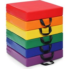 multicolored plastic storage boxes stacked on top of each other with handles and straps