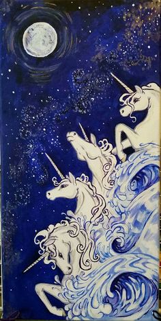 an artistic painting of two unicorns in the sky with stars and moon behind them