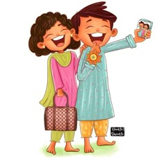 two children are taking a selfie with their cell phone while holding a suitcase and smiling