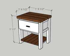 the plans for a nightstand table with drawers are shown in white and brown, along with measurements