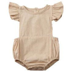 Baby Girls Summer Romper Fly Sleeve Bodysuit One Piece Beige 6-12 Month Cute Solid Color Playwear Bodysuit, Cute Solid Color Bodysuit For Playwear, Short Sleeve Cotton Bubble Romper, Cute Beige Ruffled Bubble Romper, Cute Beige Bubble Romper With Ruffles, Cute Solid Color Spring Onesie, Cute Bodysuit For Spring, Cute Solid Color Beach Bubble Romper, Cute Solid Color Bubble Romper For Beach