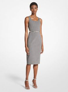 Refined to perfection, this knee-grazing sheath dress is crafted in Italy from stretch virgin wool crepe and cut in a figure-flattering fit. Seam detailing accentuates the clean-lined silhouette, while a back vent ensures ease of movement. Style it with strappy heels in a metallic hue. Sheath Dress Outfit, Grey Sheath Dress, Simple Wardrobe, Wool Crepe, Dress Stretch, Style Goals, Professional Dresses, Michael Kors Collection, Work Outfits Women