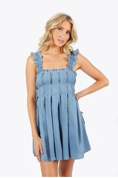 Jemille Misty Blue Sleeveless Binding Detail Pleated Dress https://www.tobi.com/product/79653-tobi-jemille-sleeveless-binding-detail-pleated-dress?color_id=113507&utm_source=pinterest&utm_medium=social&utm_campaign={campaignid}_{adgroupid}_{product_id} Cotton Mini Dress With Tie Straps And Square Neck, Sundress Mini Dress With Ruffled Straps, Summer Mini Dress With Tie And Ruffled Straps, Cotton Mini Dress With Square Neck And Lining, Cotton Sundress With Square Neck, Square Neck Mini Dress With Smocked Back, Square Neck Lined Sundress For Brunch, Cotton Mini Dress With Tie And Ruffled Straps, Cotton Sundress With Square Neck Lined