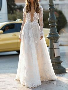 Simple Wedding Dress A Line V Neck Long Sleeves Lace Floor Length Bridal Gowns Wedding Dresses V Neck, Berta Wedding Dress, Long Bridal Gown, Wedding Dress A Line, Beach Bridal Gown, Cheap Wedding Dresses Online, Lace Prom Dress, Casual Wedding Dress, Fall Wedding Dresses