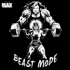 a man is lifting a barbell with the words beast mode in front of him