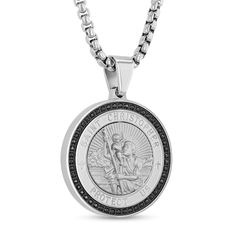 Designed for a man of faith, this black diamond St. Christopher medallion pendant is just his style. Stainless steel with black ion plate. The round medallion features the inscription "Protect us." A row of black diamonds encircles the medallion. 1/4 ct. t.w. of diamonds. 24.0-inch box chain; lobster clasp. Black Stainless Steel Jewelry With Engraving Option, Black Stainless Steel Medallion Necklaces, Black Stainless Steel Medallion Necklace, Black Medallion Stainless Steel Necklaces, St Christopher, Saint Christopher, Black Diamonds, Box Chain, Black Diamond