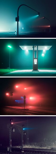 four different colored lights shine brightly in the dark night sky over an empty parking lot