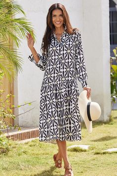 A little sweet, a little sophisticated, a lot of style 🤍🖤 Casual A-line Dress With Geometric Pattern, Black Geometric Pattern Dress For Spring, Black Geometric Pattern Spring Dress, Spring Black Dress With Geometric Pattern, Black Spring Dress With Geometric Pattern, Geometric Pattern V-neck Midi Dress, Elegant Patterned Beach Dresses, Black Geometric Pattern Maxi Dress For Spring, Long Sleeve Geometric Summer Dresses