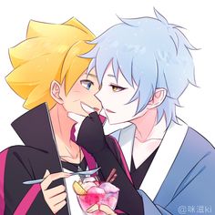 two anime characters are kissing and one is holding a glass with an orange slice in it