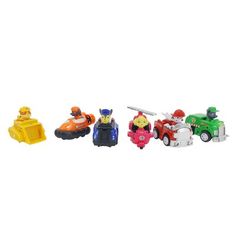 three toy vehicles are lined up in a row on a white background, one has a fireman and the other is a police car