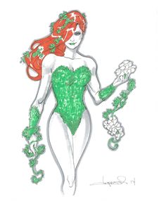 a drawing of a woman dressed in green and holding a flower pot with leaves on it